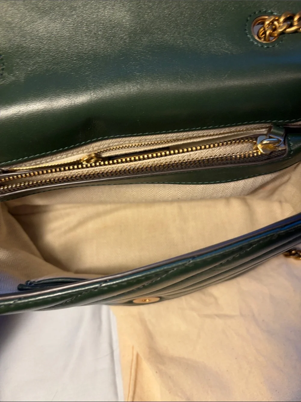 Tory Burch Kira Chevron Convertible Shoulder Bag Green Leather Gold Chain